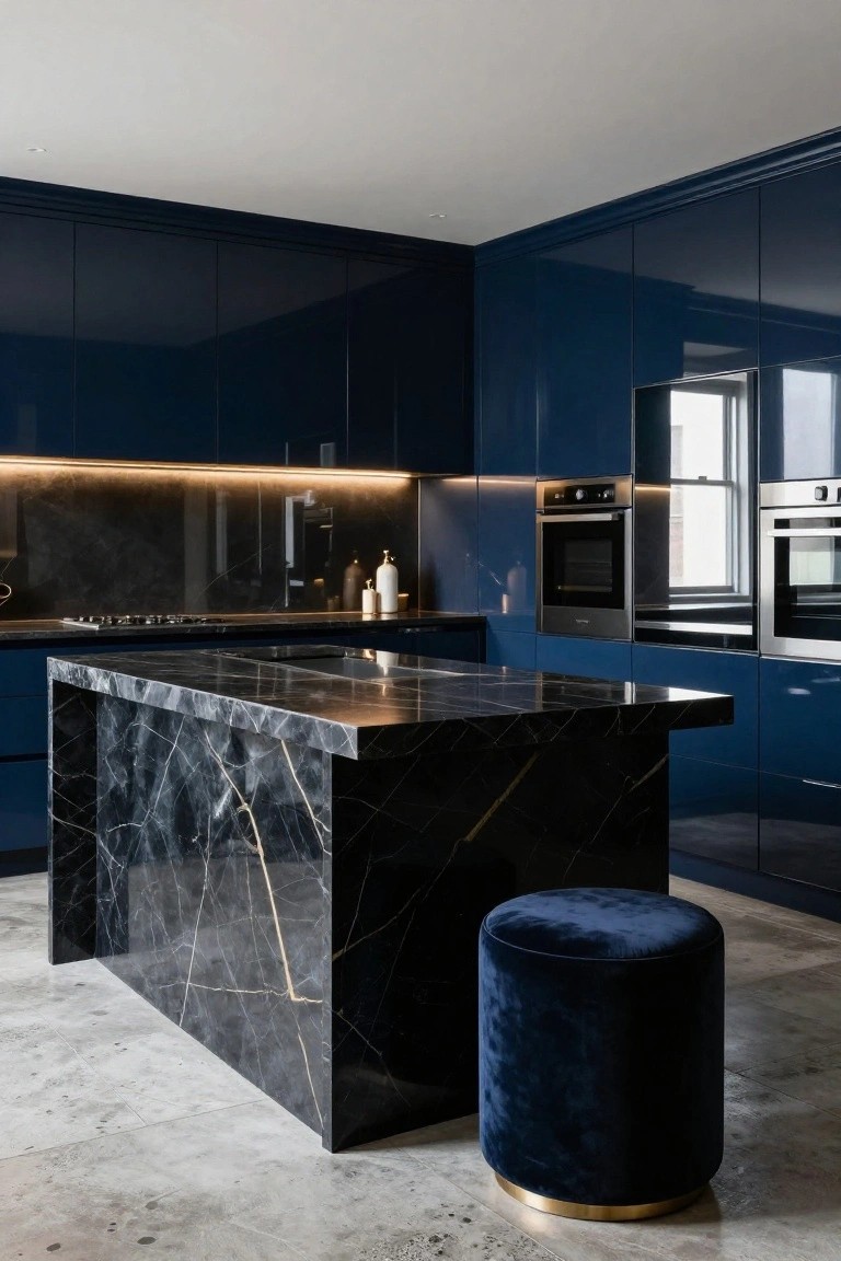 Modern kitchen with high-gloss navy blue cabinets, black marble island, stainless steel ovens, LED under-cabinet lighting, and blue velvet pouf stool on polished concrete floor.
