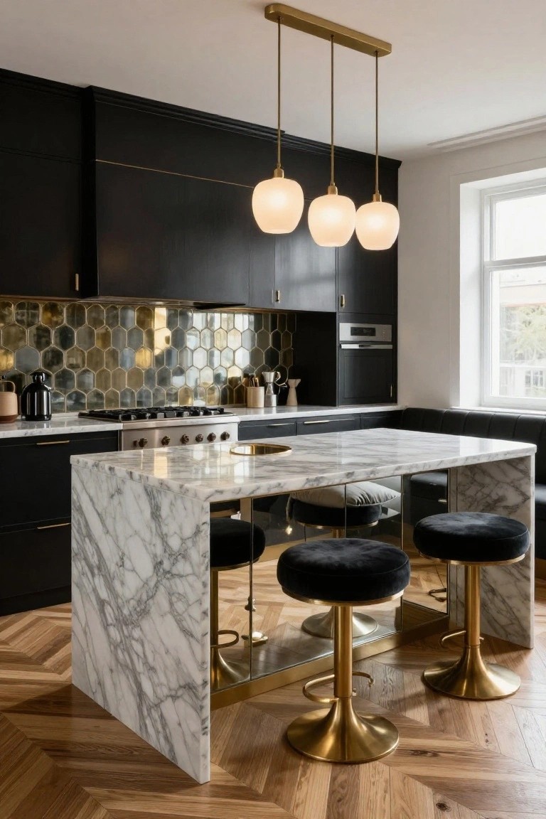 Modern kitchen with black cabinets, gold honeycomb tile backsplash, white marble island featuring integrated black leather banquette and two black velvet stools on gold bases, suspended gold pendant lights, and herringbone wood flooring.