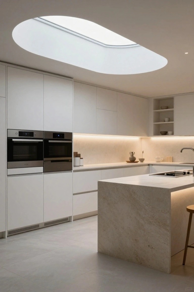 Modern kitchen with white flat-panel cabinets, double wall ovens, white stone island with waterfall edges, under-cabinet lighting, and a large oval skylight in the ceiling.