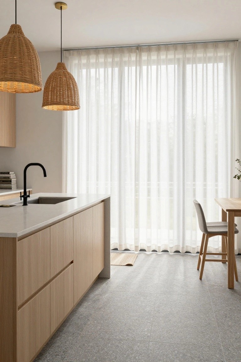 Modern kitchen with two hanging rattan pendant lights over a light oak island, black curved faucet at the sink, white quartz countertop, sheer curtains on large windows, gray terrazzo floor, and wooden dining table with gray chairs nearby.