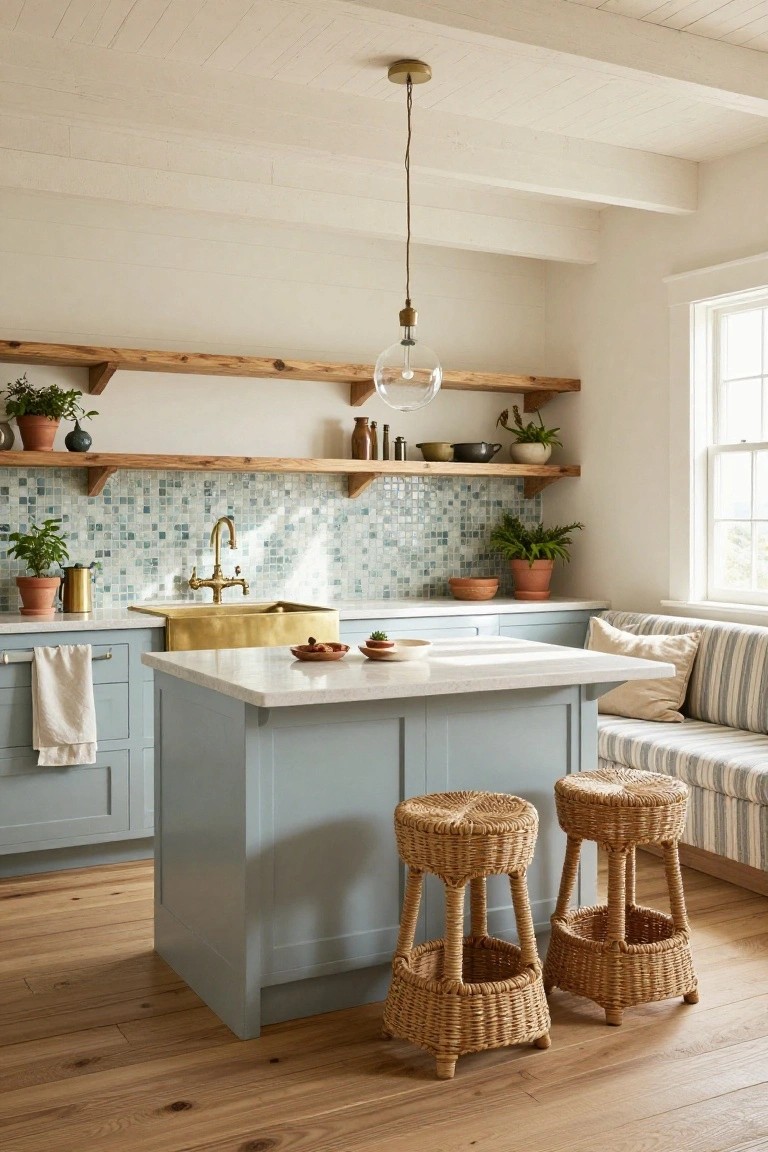 Kitchen interior with light blue cabinets, white quartz island, two woven rattan barstools with footrests, brass apron sink, iridescent blue-green mosaic tile backsplash, reclaimed wood open shelves with plants and pottery, and striped banquette bench with pillows.