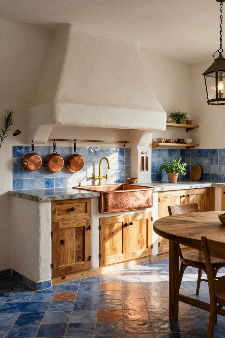 Kitchen interior with white stucco walls and hood, blue hand-painted tiles on backsplash and floor, wooden cabinets and table, gold faucet, hammered copper farmhouse sink, and hanging copper pots.