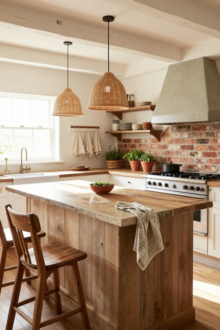 A bright kitchen with white cabinets, a large wooden center island with live-edge top and plank sides, two wooden bar stools, exposed brick backsplash, rattan pendant lights hanging above, gold faucet sink, and potted herbs on shelves.