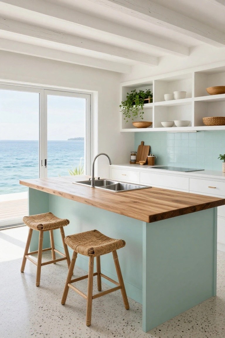 Kitchen interior featuring a teal island with wooden butcher block countertop, two rattan stools, white upper cabinets, stainless sink, and sliding doors opening to ocean view.