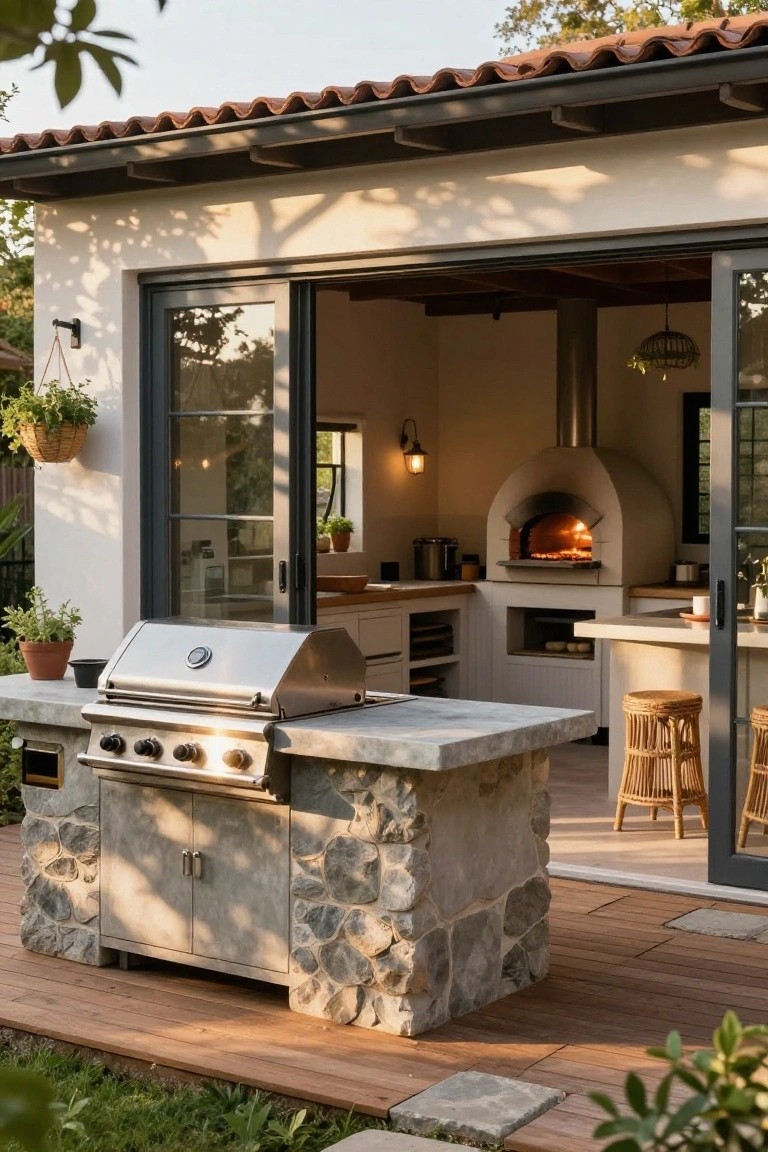 Outdoor grill on a gray stone pedestal base with cabinets, positioned on a wooden deck next to sliding glass doors revealing an indoor kitchen with wood-fired oven and bar stools.