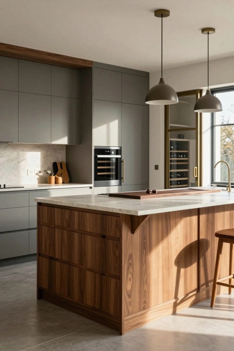 Modern kitchen interior with matte gray flat-panel cabinets, a walnut wood island with white marble countertop, two conical pendant lights, built-in oven, wine fridge behind glass doors, and a window nearby.