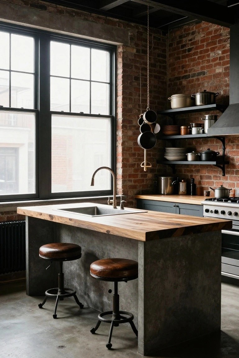 Kitchen interior with exposed brick walls, central island on gray concrete pedestal with light wood countertop and sink, two brown leather adjustable stools, hanging pots, and stainless steel range.