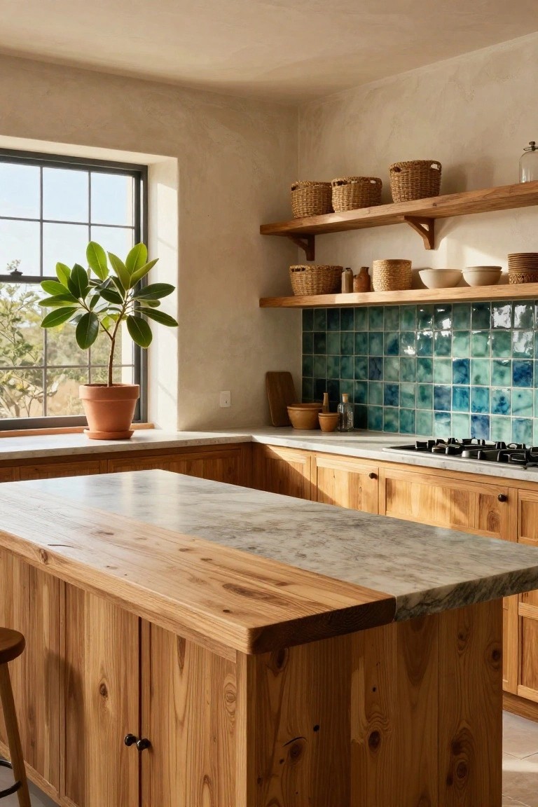 Kitchen interior with light wooden cabinets and island topped by white marble counters, turquoise blue-green tiled backsplash behind the gas range, open wooden shelves holding baskets and pottery, a potted plant near a large window, and wooden stools at the island.