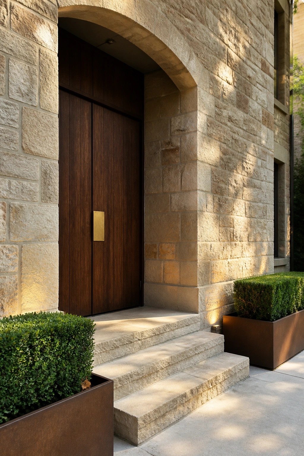 A dark wood double door with a brass plate sits under a curved stone arch, with stone steps and metal planters holding shrubs on either side.