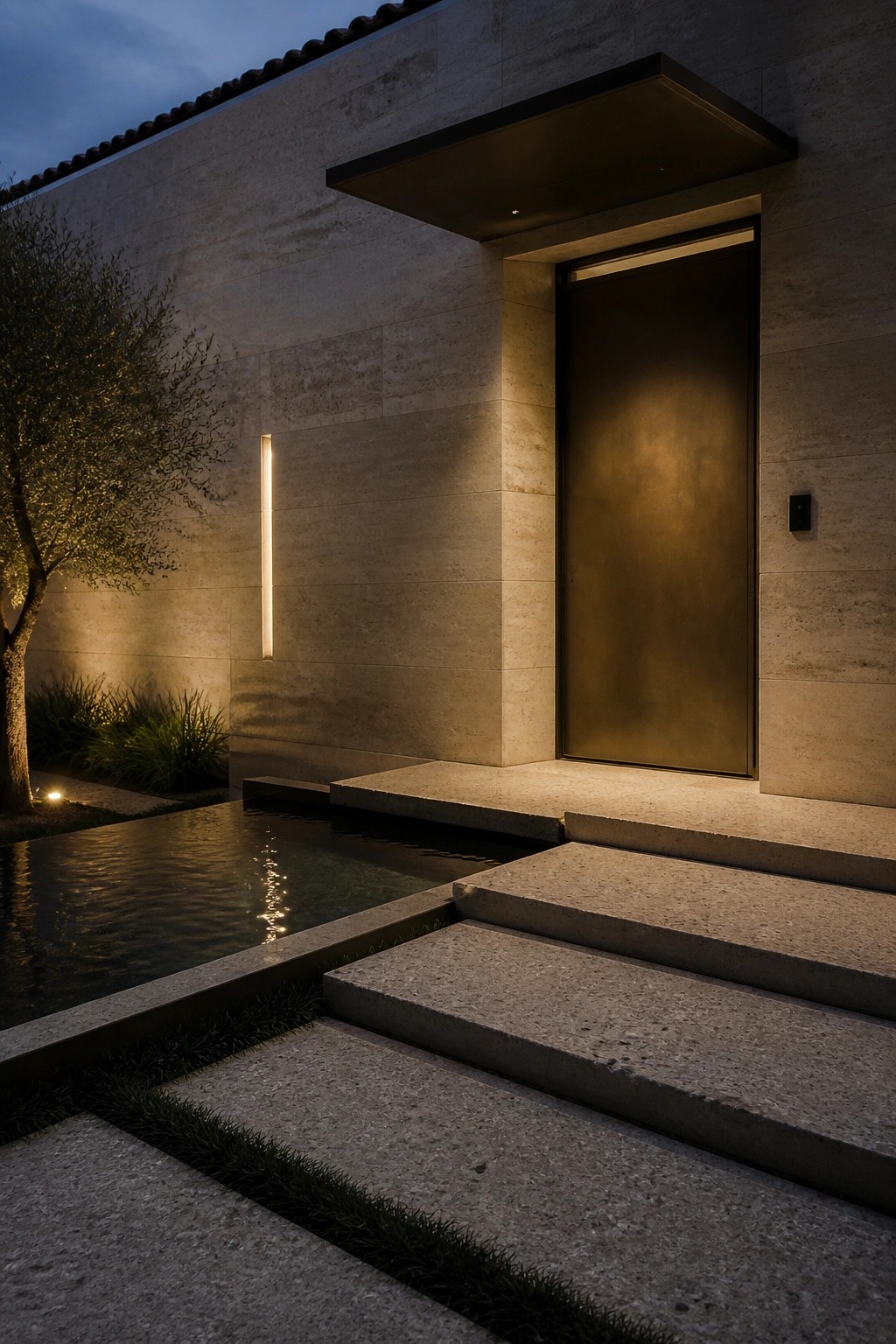 Modern stone entrance with bronze door, steps, vertical sconce, and reflecting pool at dusk.