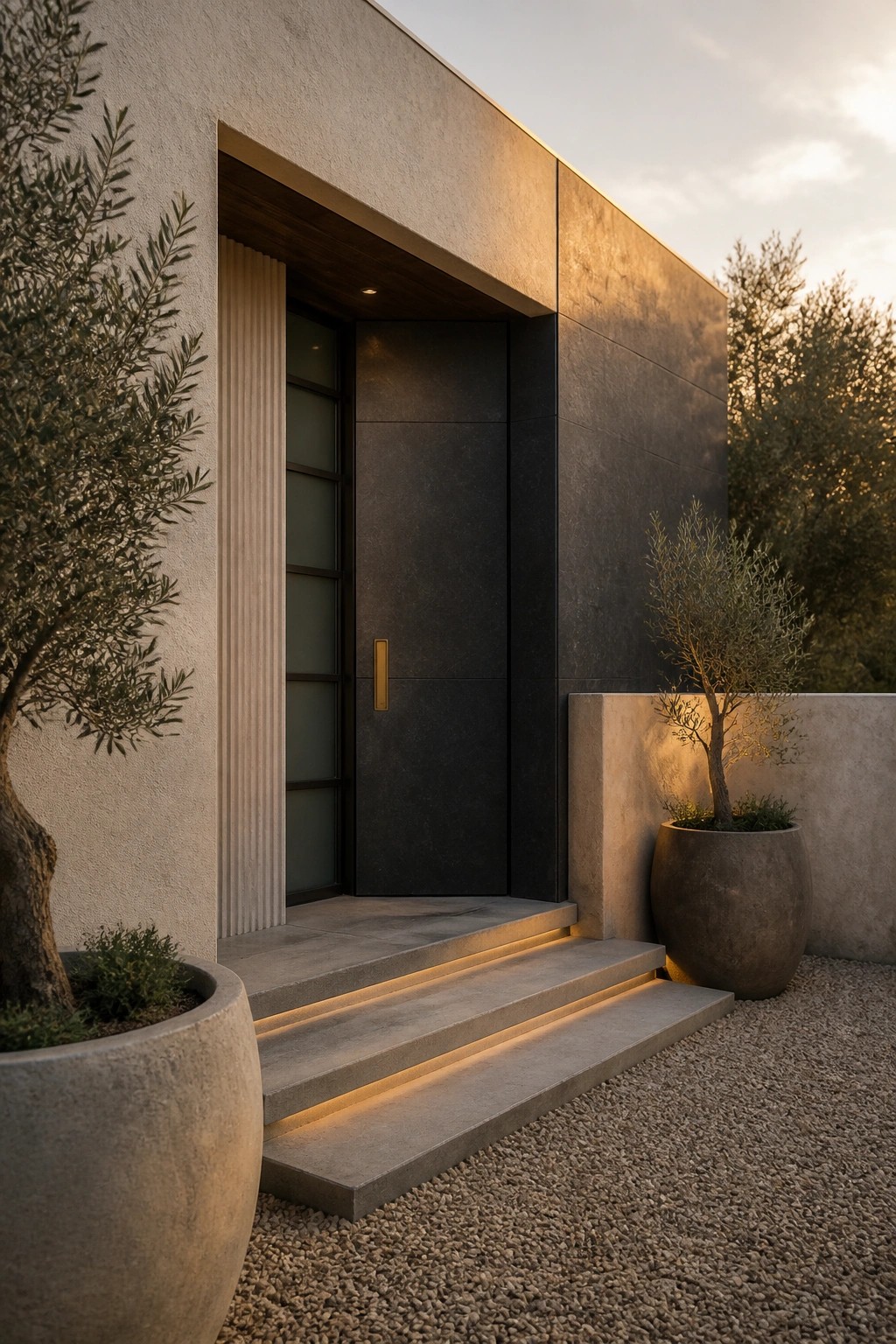 A modern concrete house entrance features a dark flush-mounted door set into matching wall panels, with three concrete steps lit from below and large potted trees on gravel ground.