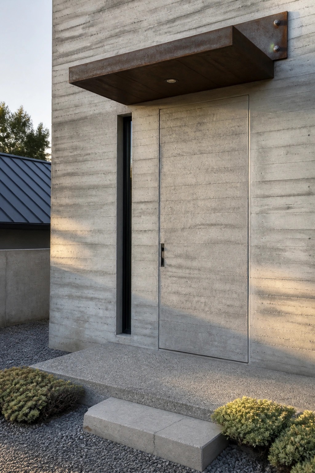A concrete house exterior with a large flush-mounted door beneath a projecting metal canopy and a concrete step at the entrance.