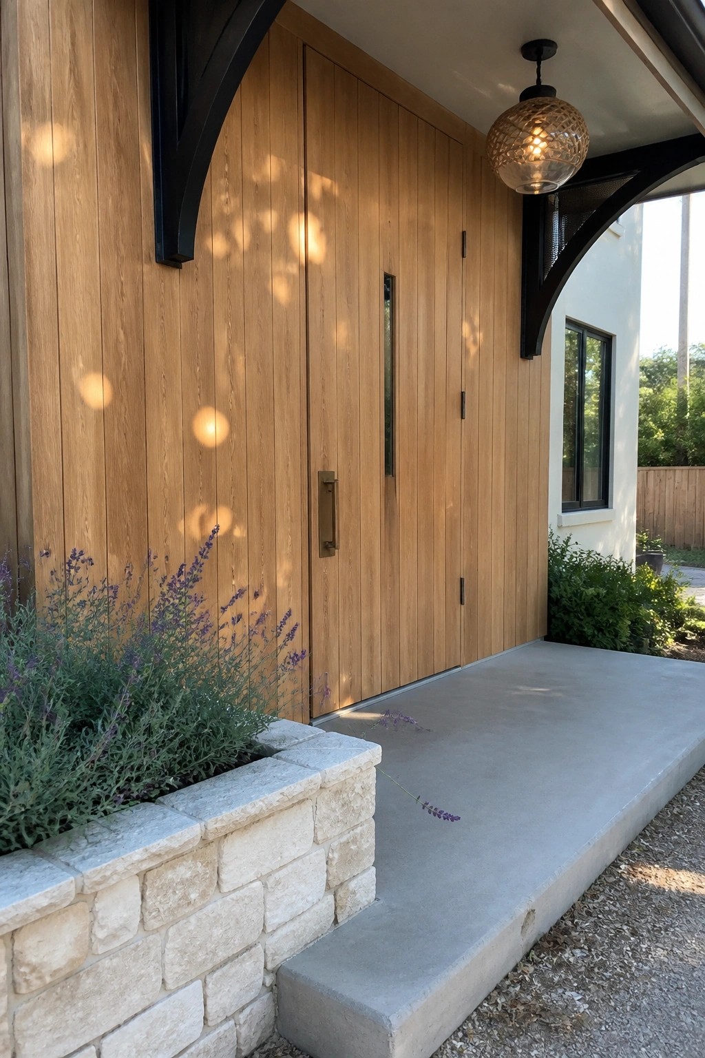 Wooden double entry doors set flush into vertical wood siding on a house exterior, with a narrow glass panel in one door, a hanging light fixture, and a stone planter with lavender nearby.