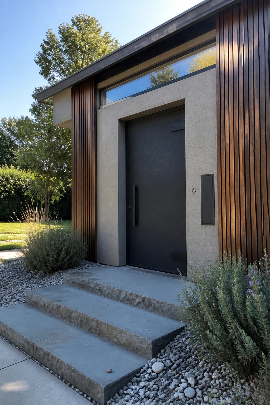 A modern house front entrance features a dark flush-mounted door set into a concrete wall, with three concrete steps, vertical wood siding on both sides, and gravel landscaping.