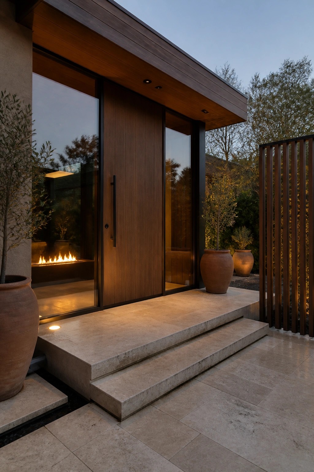 A modern house entry with a flush-mounted dark wood door, adjacent glass panels, stone steps, and large terracotta pots on a paved patio at dusk.