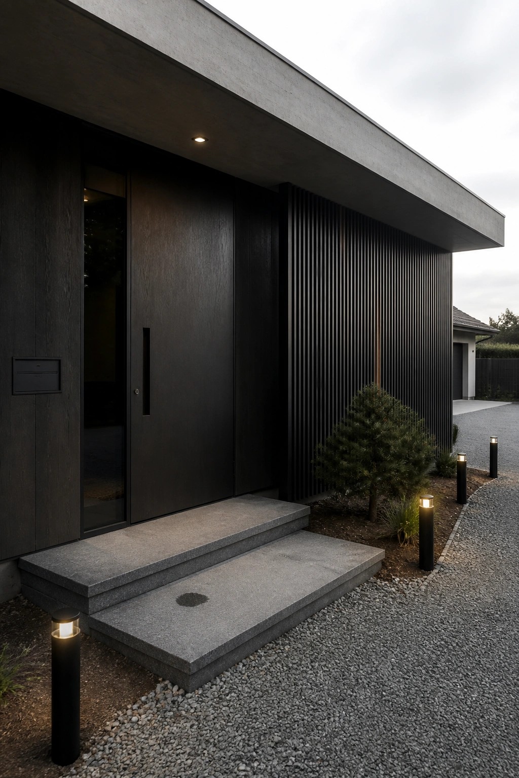 Modern dark wood entry door set flush in a matching wall with concrete steps and pathway lights.