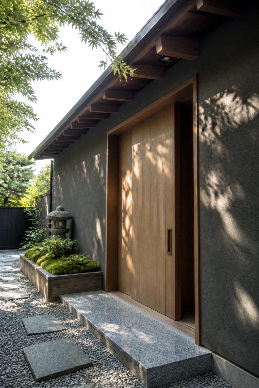 Wooden sliding door at modern Japanese entrance with stone lantern, moss planter, and gravel path.