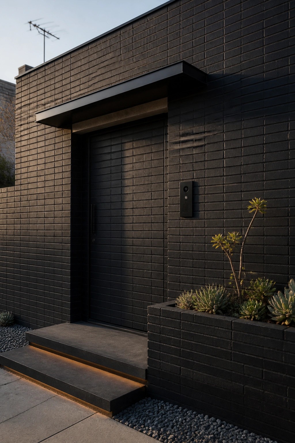 Dark brick house entrance with black door, lit steps, and succulents.
