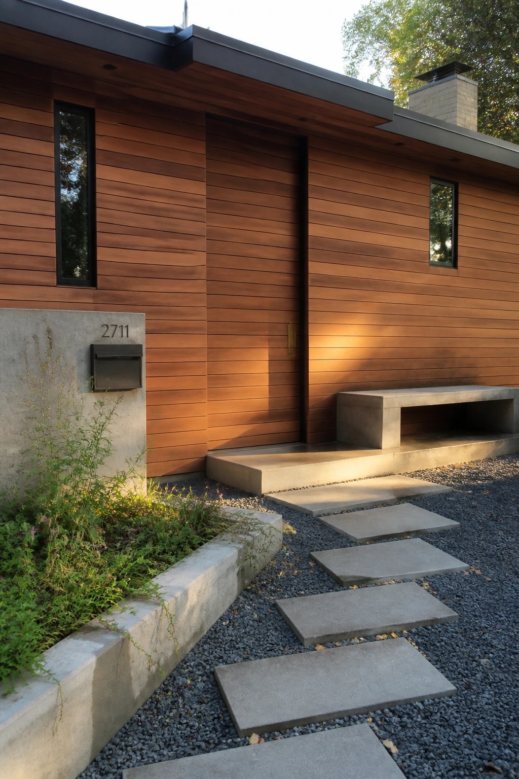 Modern house exterior featuring horizontal wood siding, a flush entry door, concrete steps, and gravel path with stepping stones.