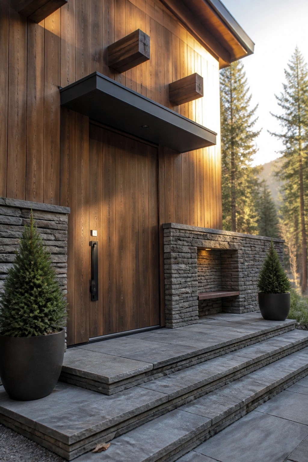Modern wooden house exterior with a flush dark wood entry door under a black overhang, stone steps, and potted evergreens on either side.