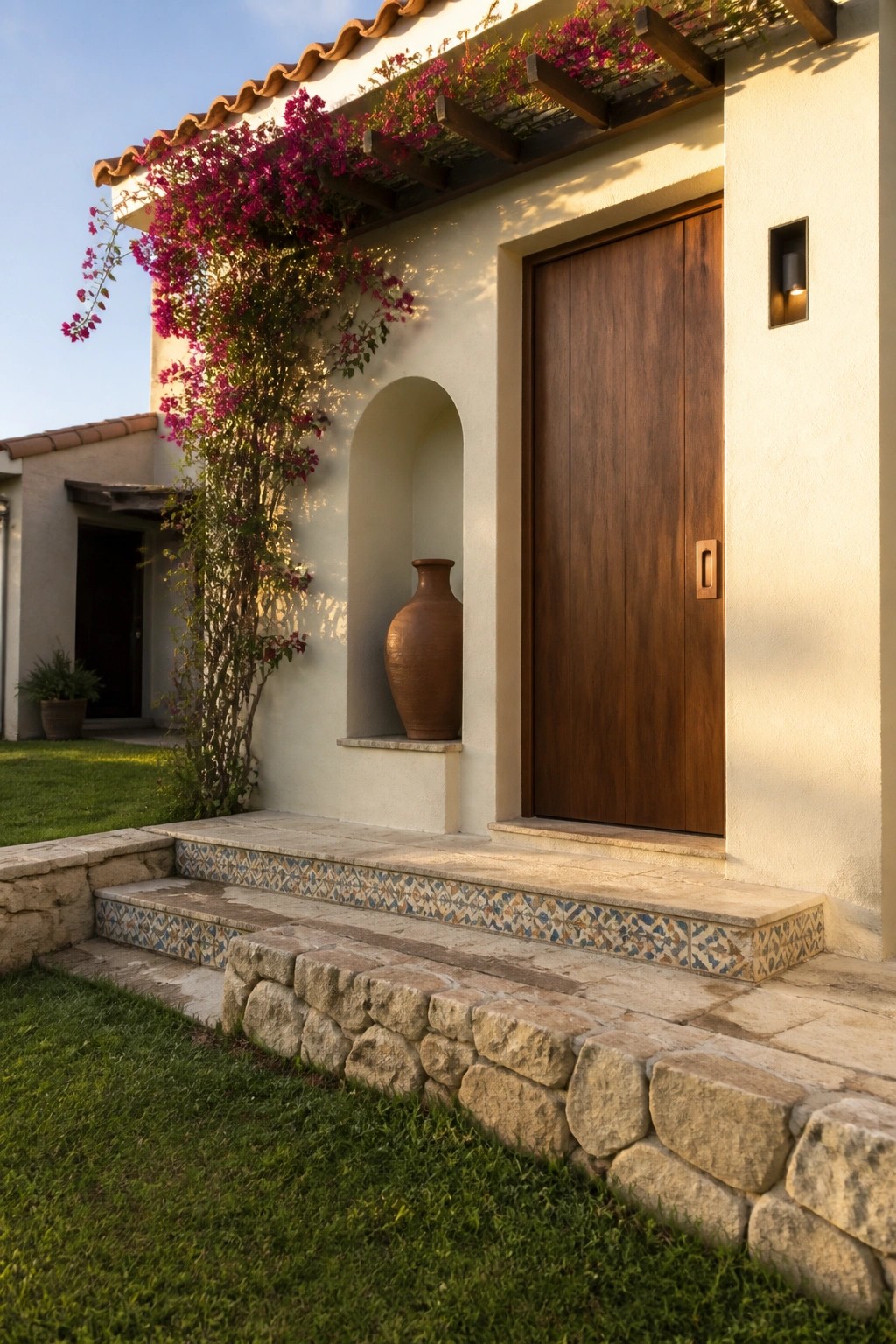 A wooden entry door installed flush with a light stucco wall next to a recessed arched niche with a terracotta vase and colorful flowering vines above.