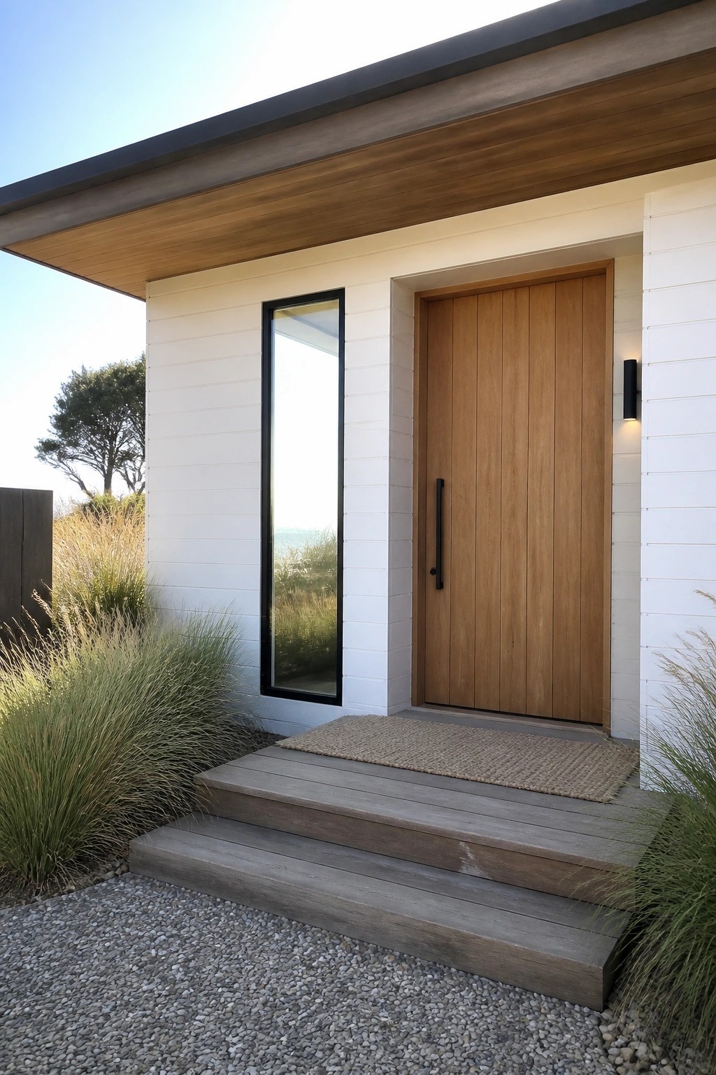 Modern house entry with a tall wooden door set flush in a white wall next to a narrow vertical window, wooden steps, and a woven mat.