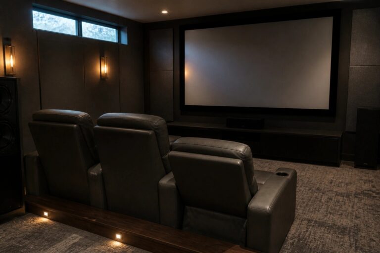 18 Plush Home Theater Seating Ideas With Reclining Leather Chairs A home theater with three dark leather reclining chairs arranged in a row on a raised wooden platform facing a large blank projection screen.