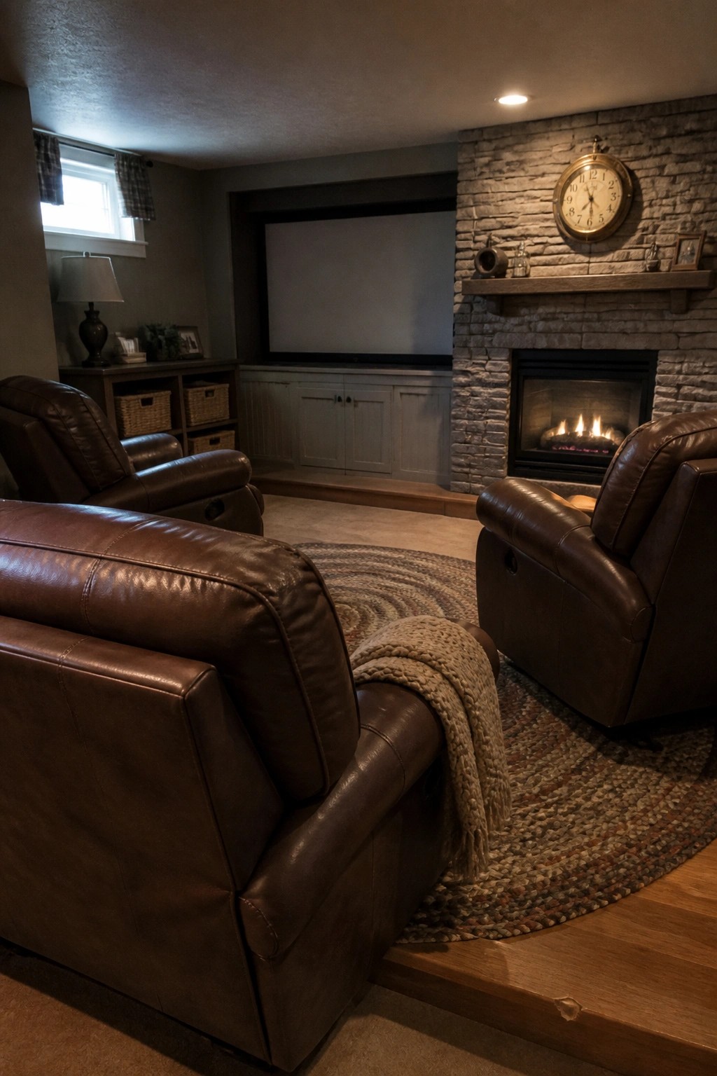 A basement home theater with two brown leather recliners on a round braided rug, a lit stone fireplace with a clock on the mantel, and a large projection screen on the far wall.