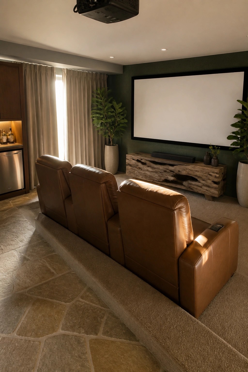 Three brown leather recliners face a large screen in a home theater.