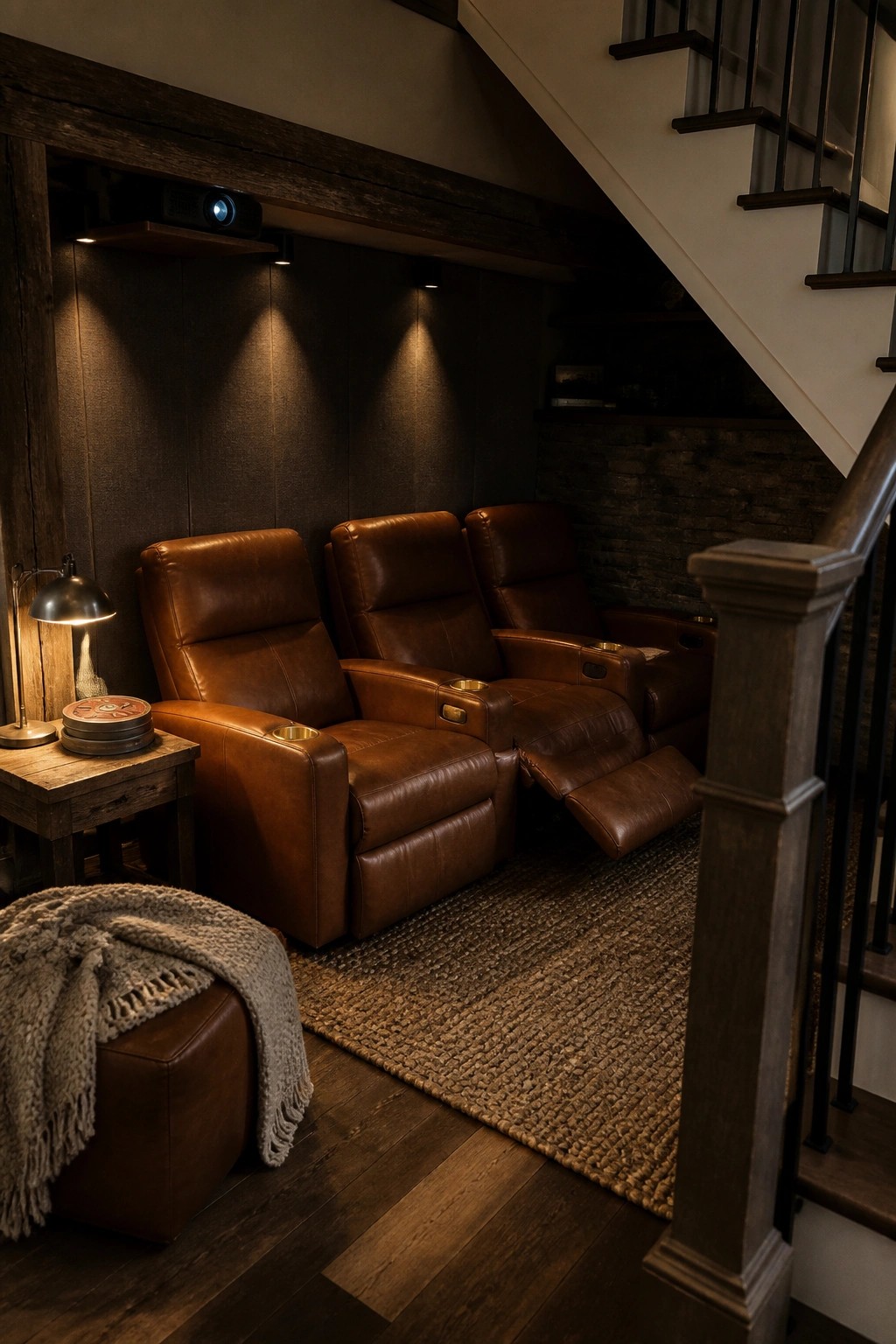 Three brown leather reclining chairs arranged in a row beneath a wooden staircase in a home theater space with a projector mounted above.