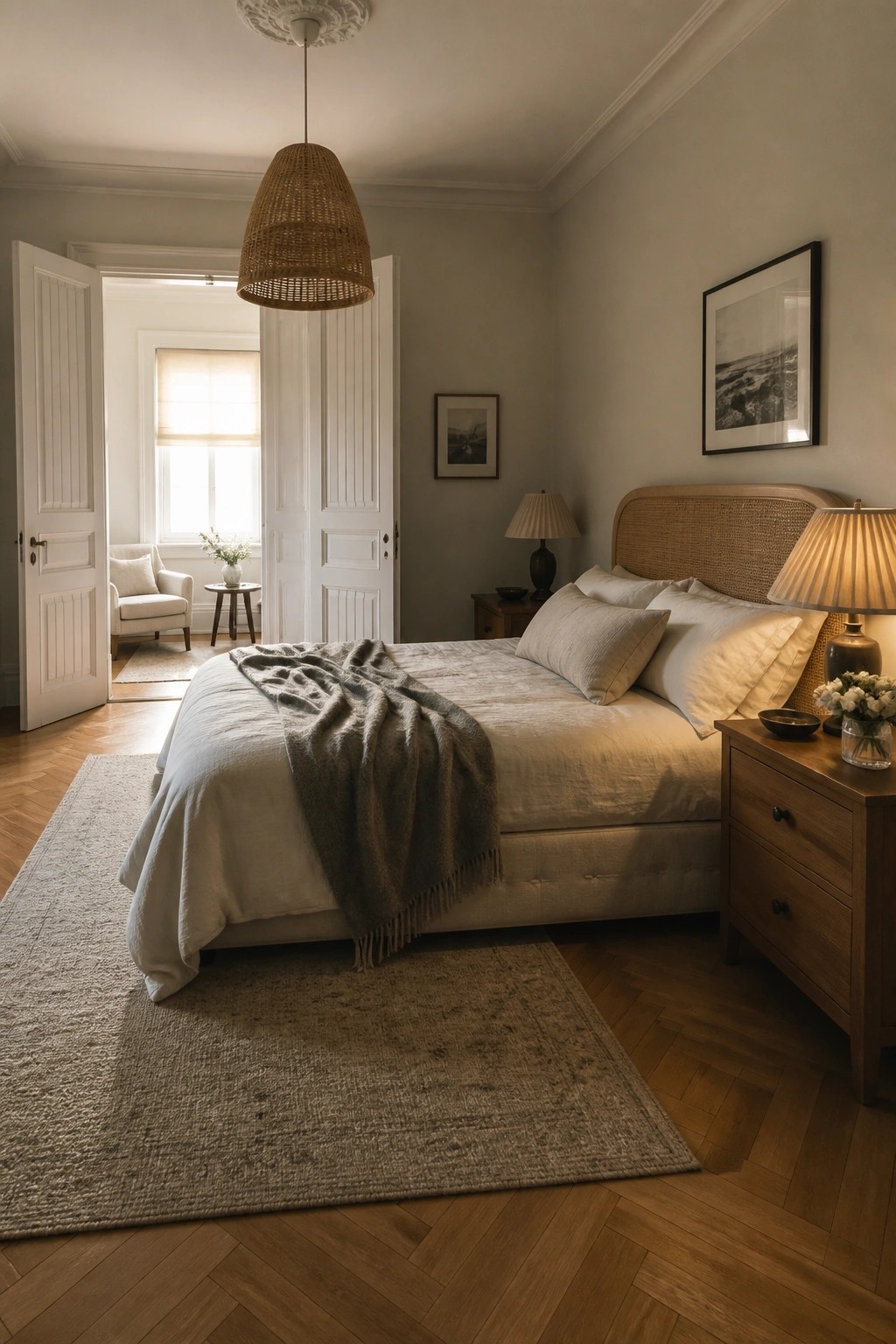 A bedroom interior with a made bed on a rug, open white doors with vertical fluted panels, and a view into an adjacent room with a window and armchair.