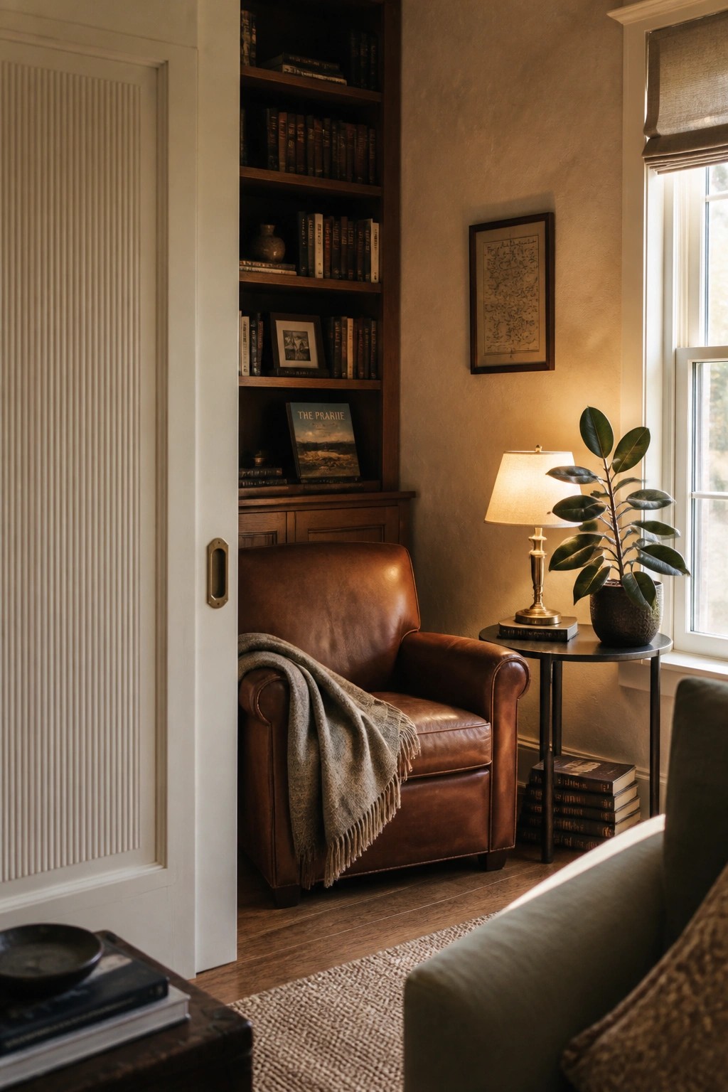 A white door with vertical fluted panels stands open beside a built-in wooden bookshelf and a brown leather armchair in a room with a window.