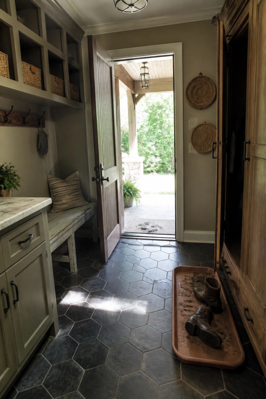 Sage green mudroom with open door, muddy boots on tray, and hex tile floor