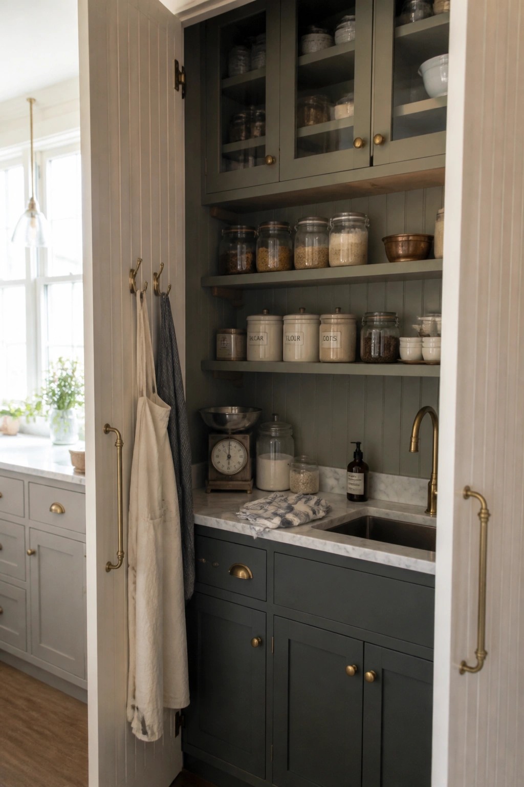 Open sage green pantry with labeled jars, glass canisters, brass sink, and hanging apron.