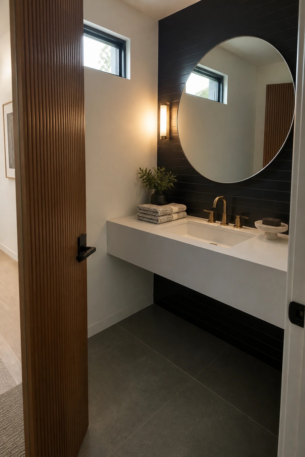 A modern bathroom with a tall fluted wood door on the left, a white floating vanity, round mirror, and dark tiled accent wall.