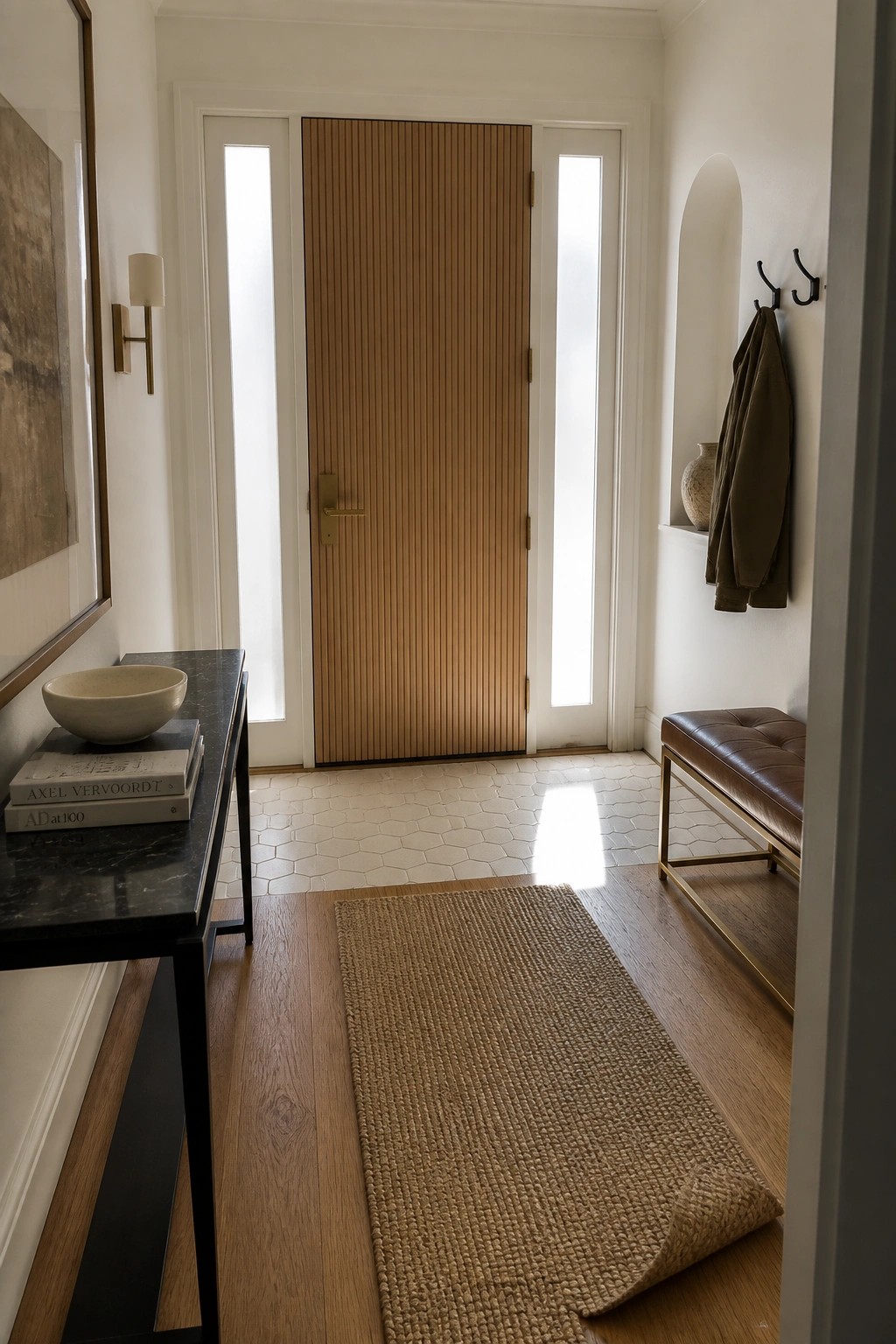 A light wood fluted entry door with vertical panels and tall sidelights, seen from a hallway with a dark console table, books, bowl, leather bench, and jute rug on wood flooring.