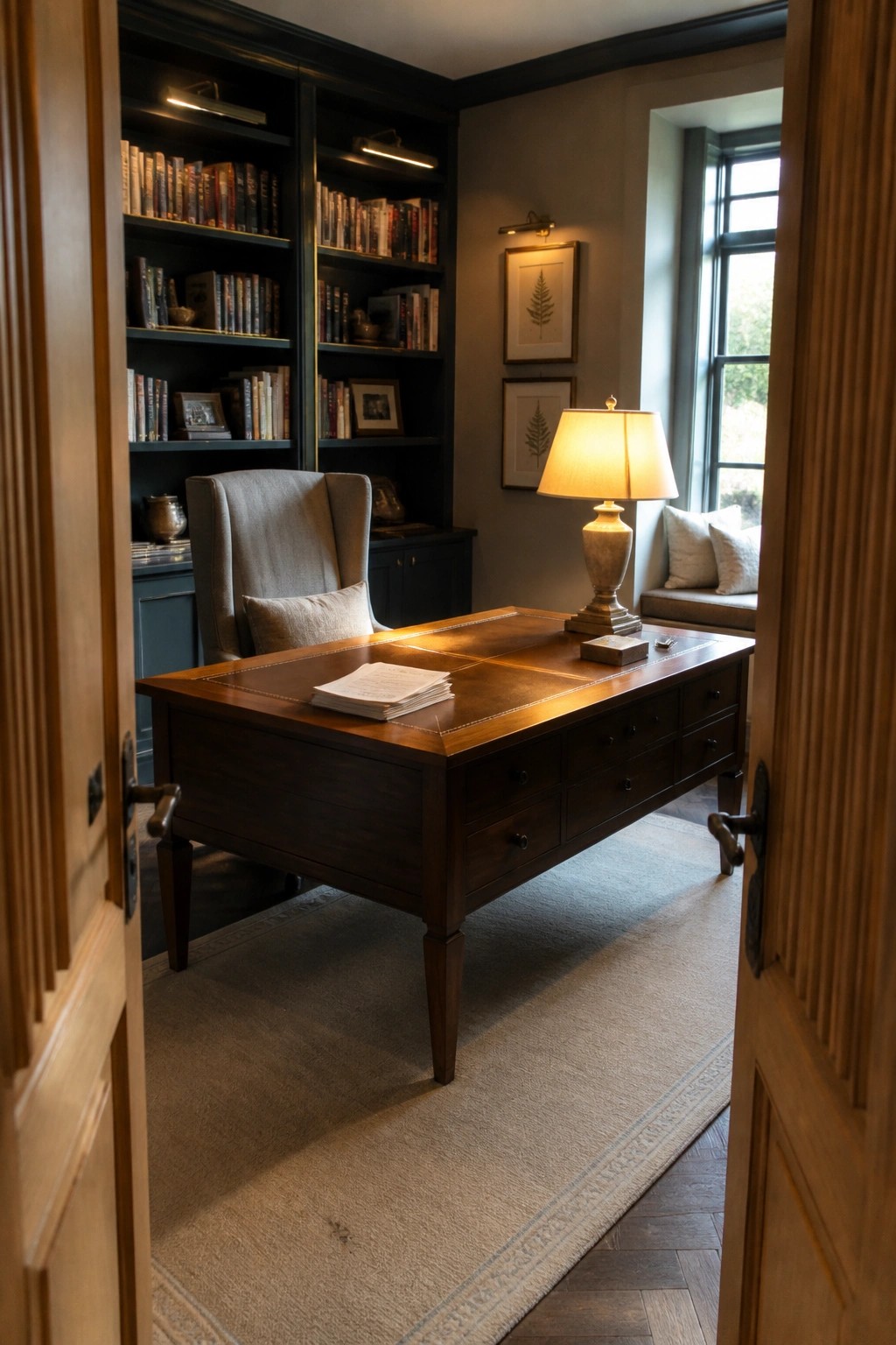 Open fluted wood doors frame a view into a home office with a large wooden desk, upholstered chair, and built-in bookshelves.