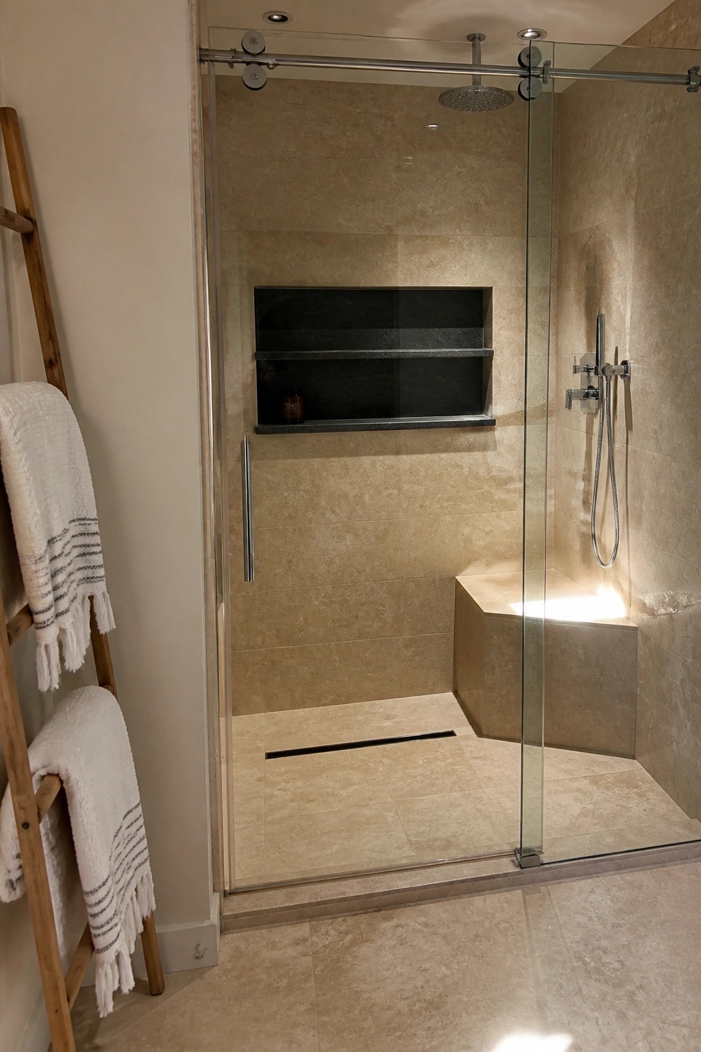 A tiled walk-in shower with a glass sliding door and a dark recessed niche shelf built into the back wall.