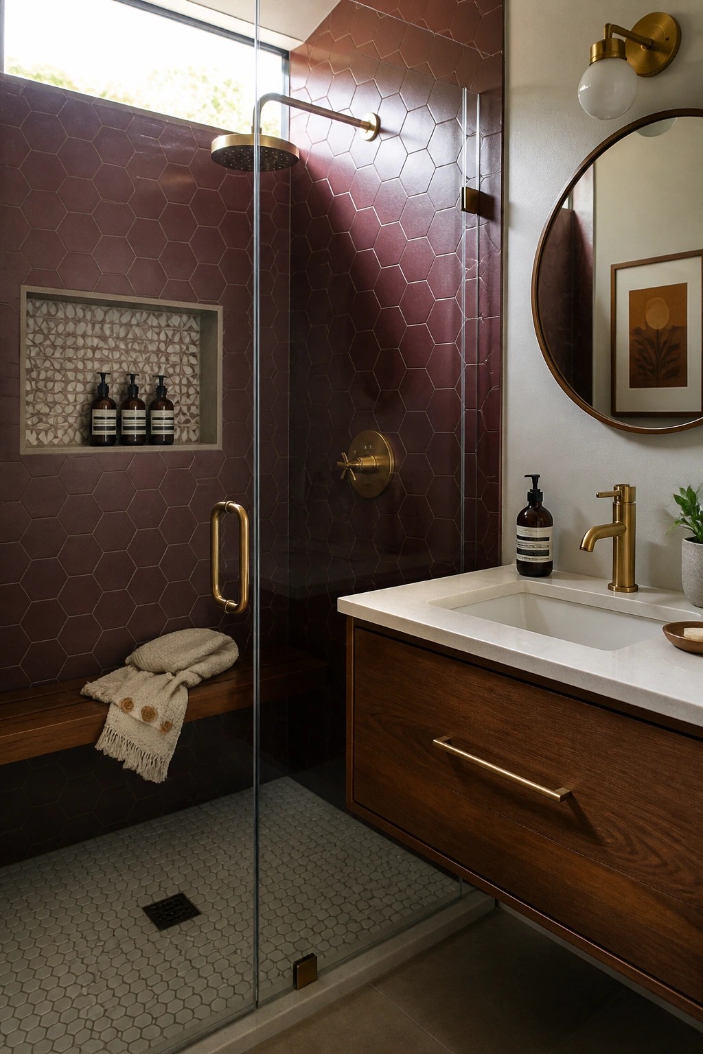 A bathroom shower area with maroon hexagonal wall tiles shows a recessed niche holding three bottles above a wooden bench with a folded towel.