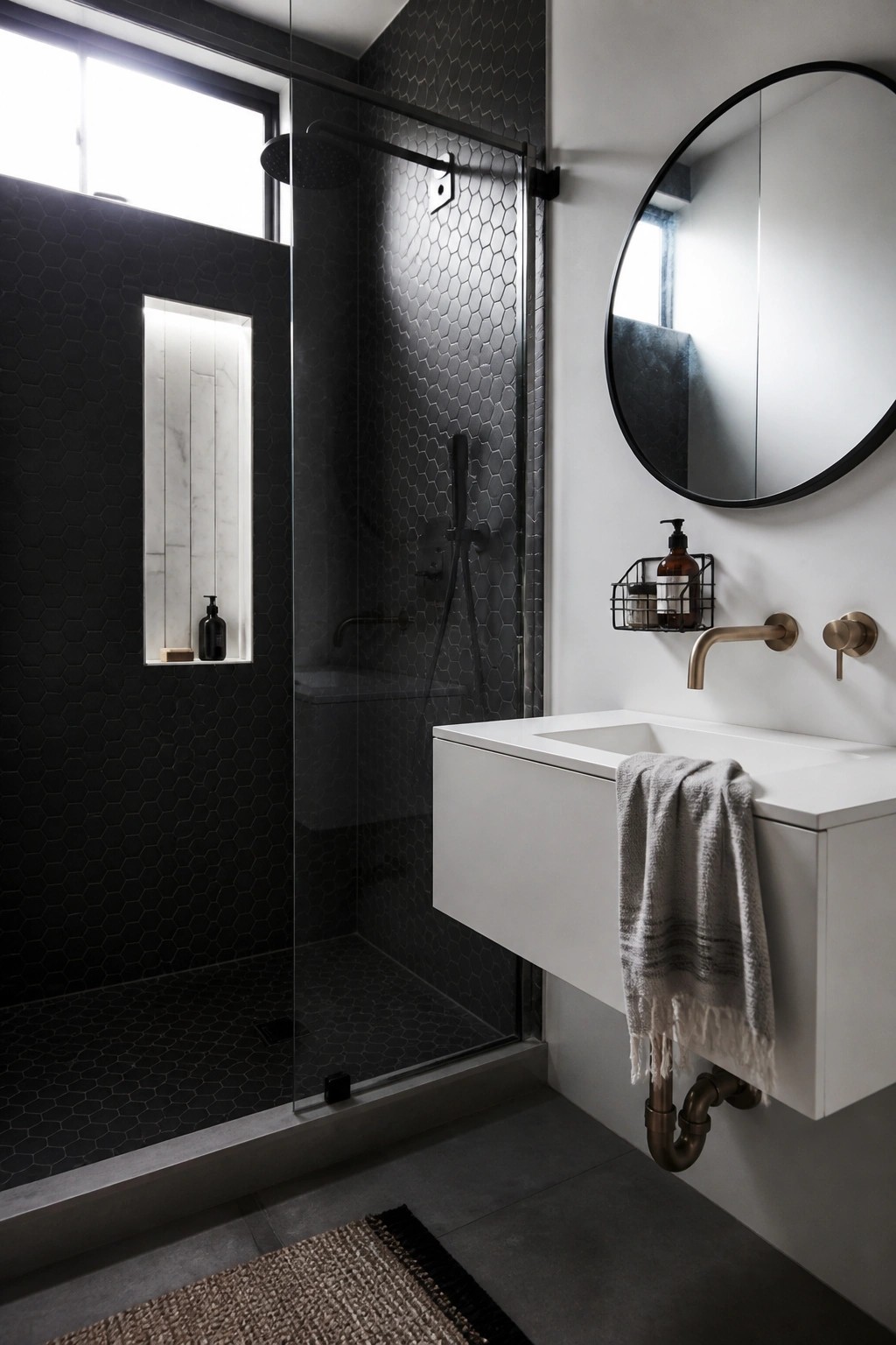 A modern bathroom with a black hexagonal tiled shower enclosure featuring a recessed illuminated niche, a glass door, and a white floating vanity with a round mirror above it.