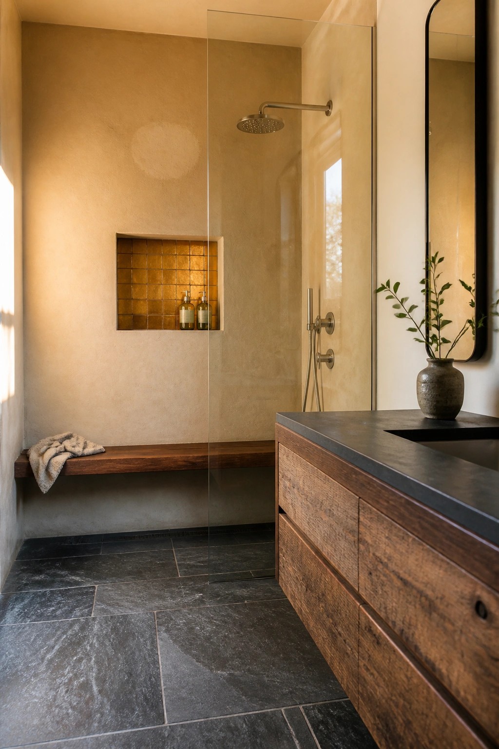 A bathroom shower area with a glass door, a recessed niche lined with gold tiles holding two bottles, a wooden bench with a towel, and a dark wood vanity with a stone top.