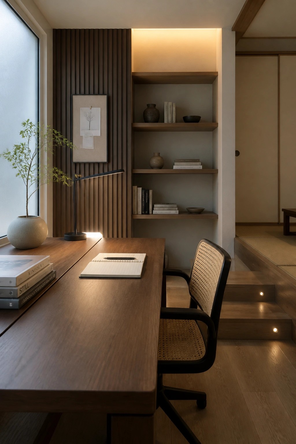 A wooden desk with a notebook and books sits in front of built-in shelves holding vases and books, lit from above by warm cove lighting, with a woven chair and stairs that have small step lights.