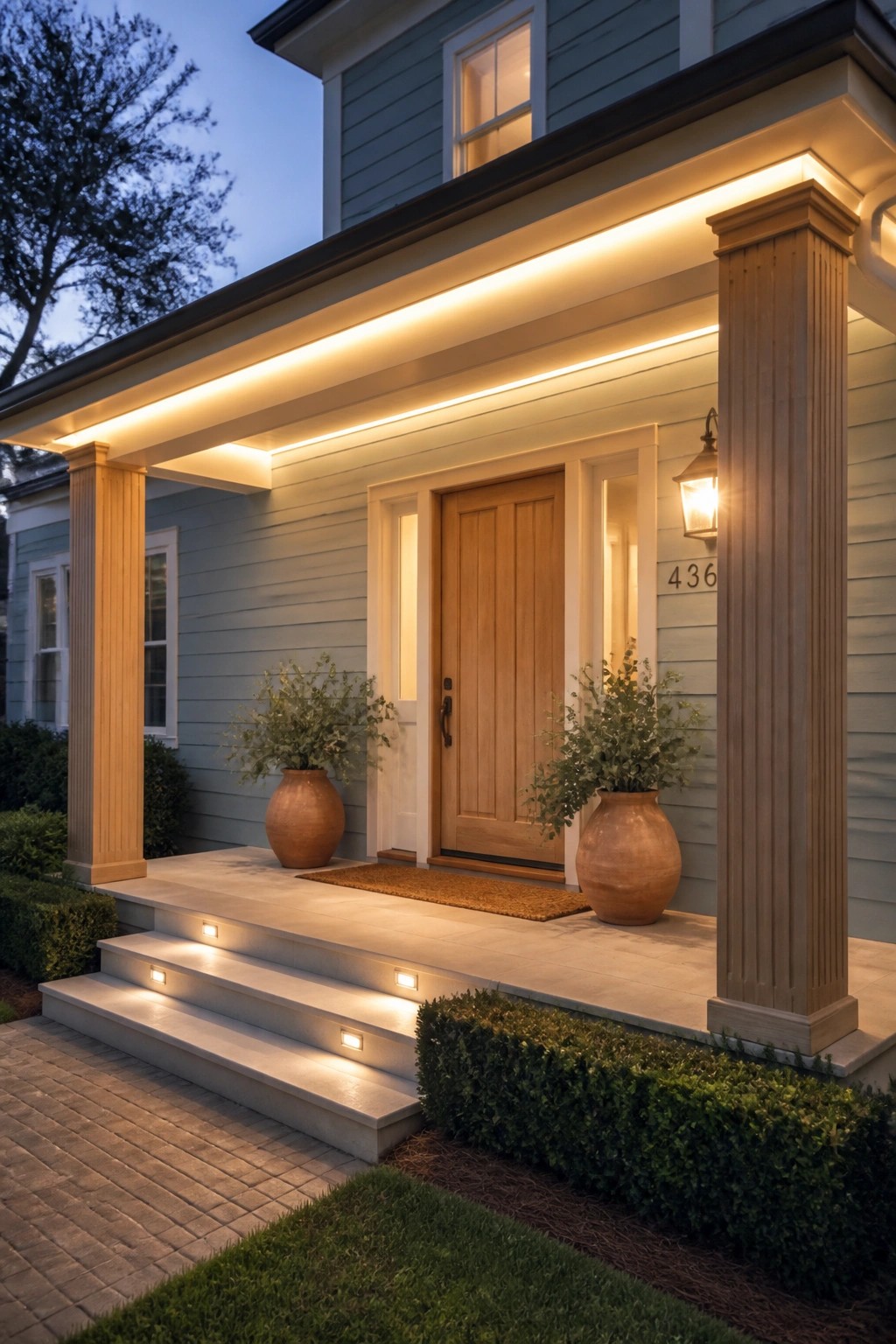 Front porch of a light blue house at dusk with warm LED cove lighting under the overhang, two terracotta planters, a wooden front door, and illuminated step lights on the concrete stairs.