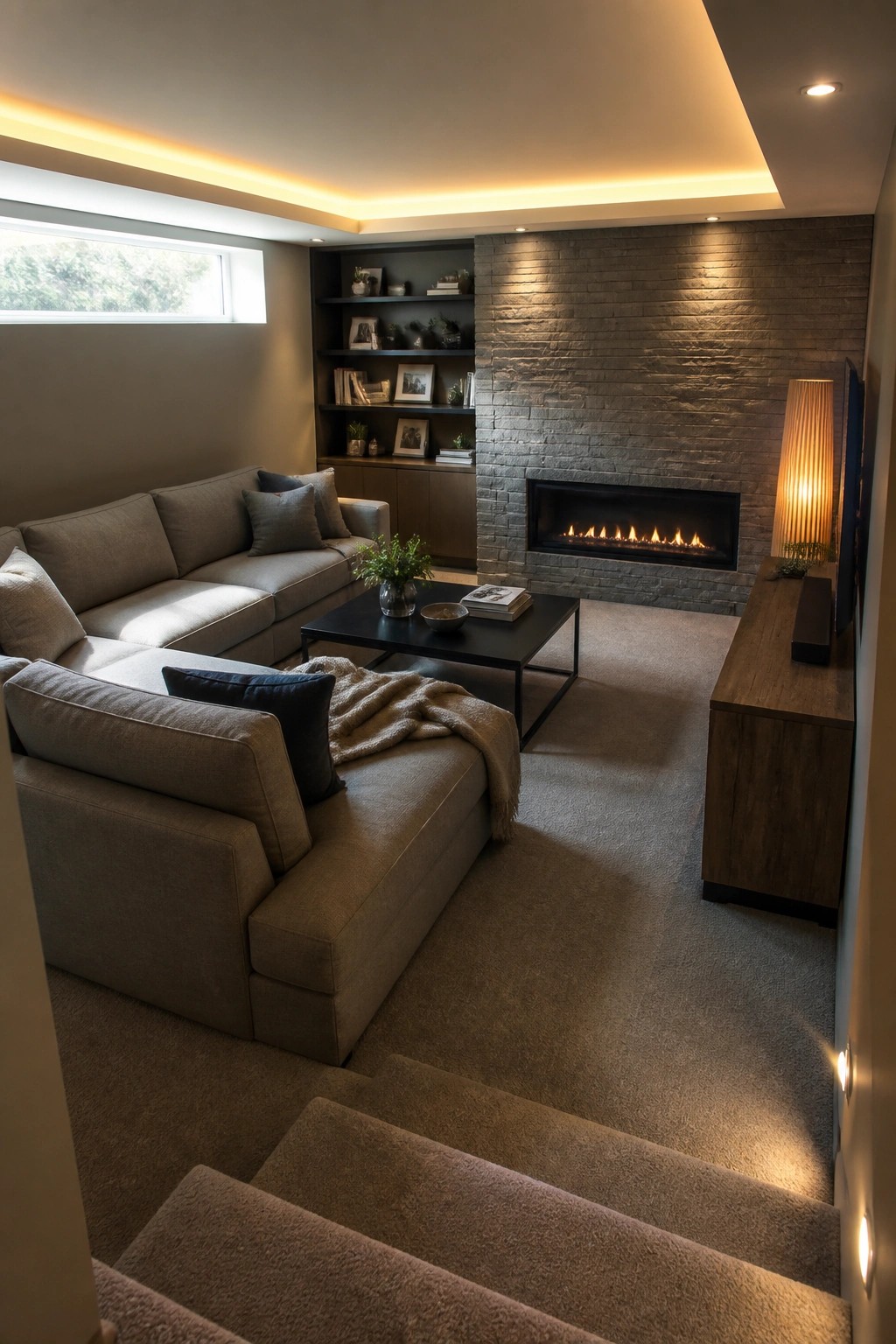 A living room with a large sectional sofa, black coffee table, built-in shelves beside a stone fireplace, and carpeted stairs with integrated lighting along the steps.