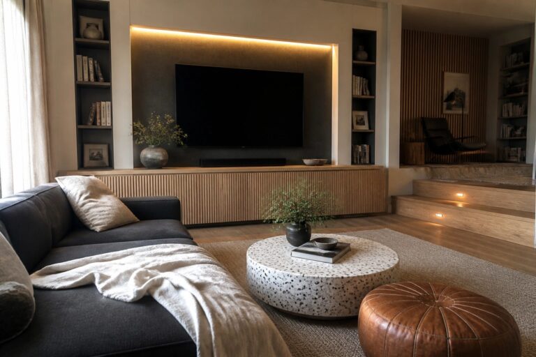 18 Cinematic Lighting Ideas With LED Cove and Step Lighting A living room with a dark sectional sofa, round terrazzo coffee table, and wall-mounted TV above a wood slat media console lit by warm LED cove lighting, with a staircase visible on the right.