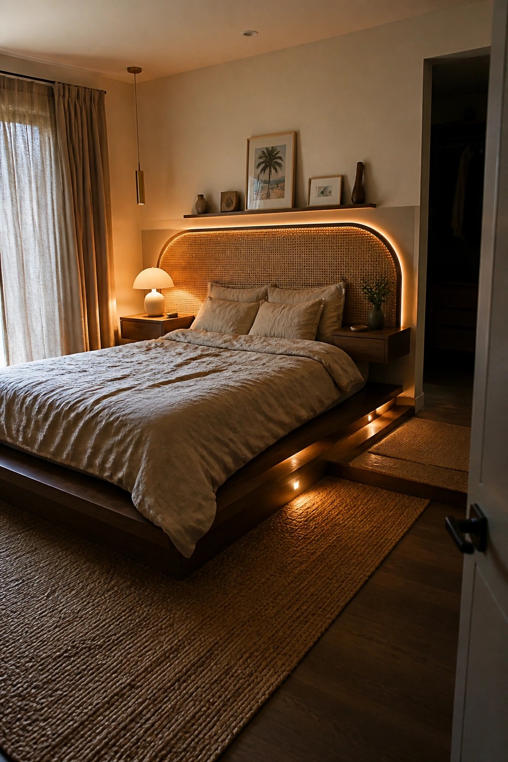 Cozy bedroom with backlit woven headboard, platform bed, floating nightstands, and jute rugs