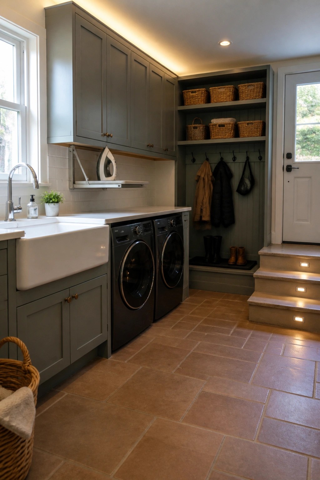 A laundry room with gray cabinets, a white farmhouse sink, two front-loading washers, open shelving with baskets, hanging coats, and LED lights installed on the edges of the stairs leading to a door.