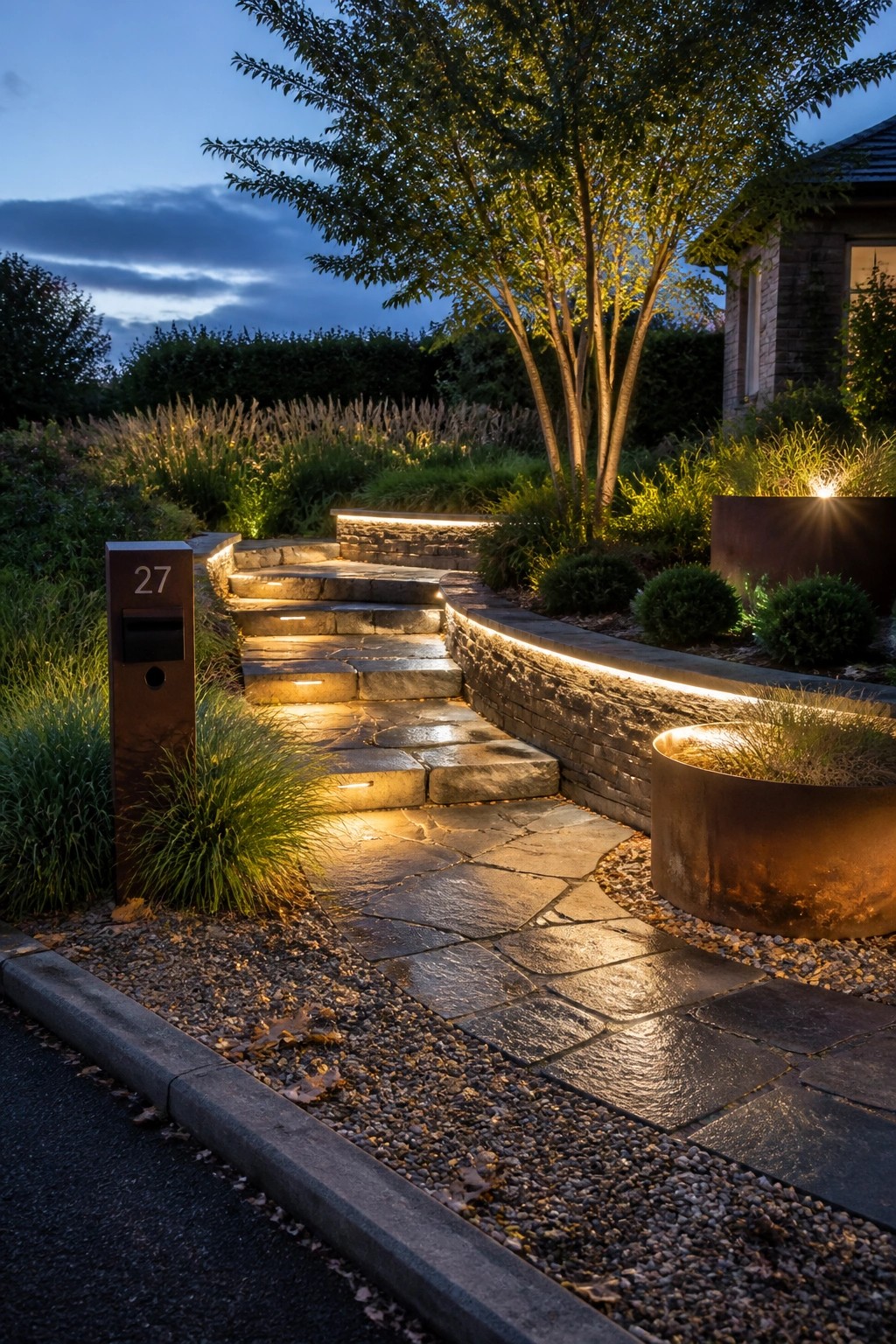 Stone steps and pathway illuminated at dusk with address post 27 and glowing planters