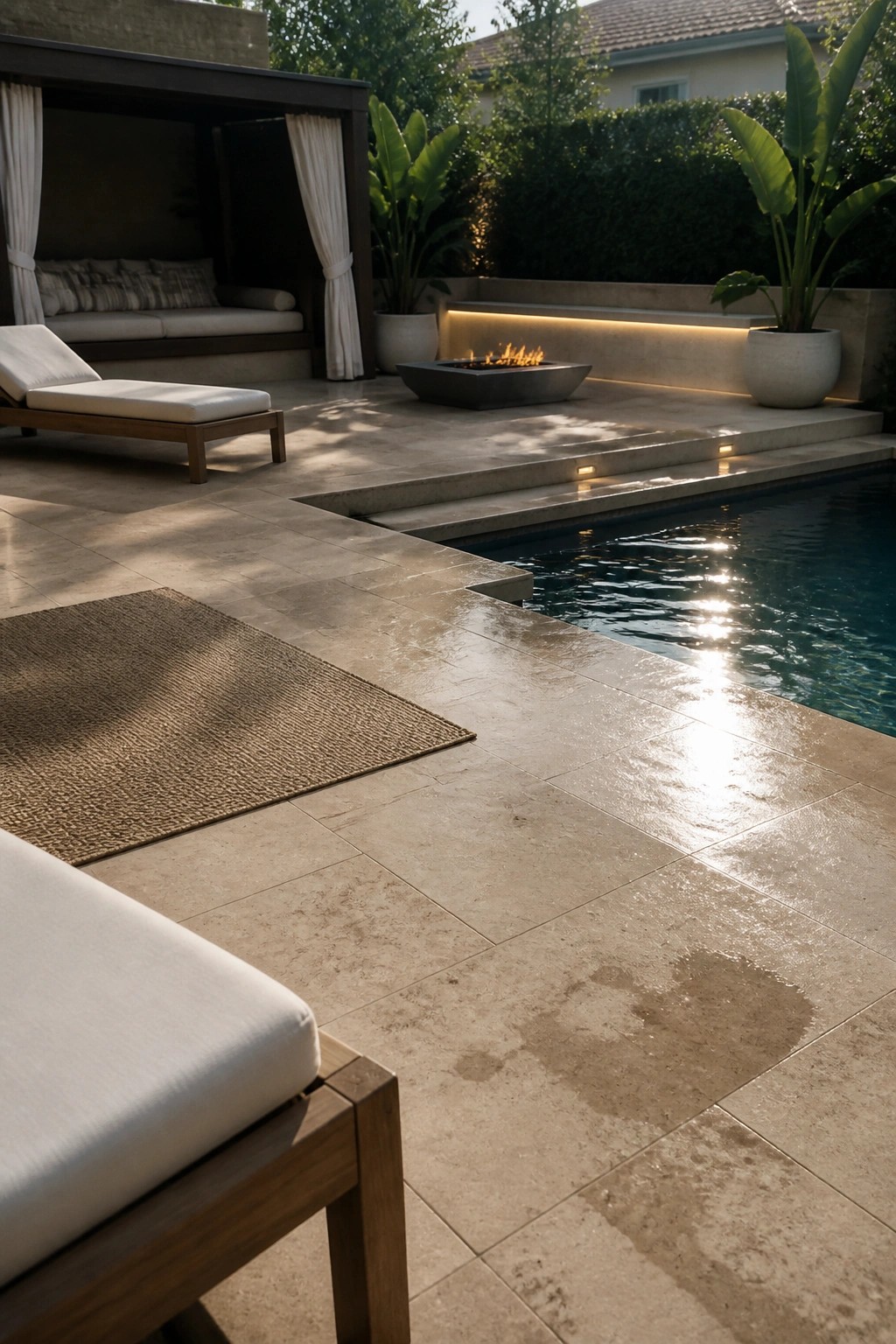 Luxury stone patio with pool, fire pit, lounge chairs, and woven rug