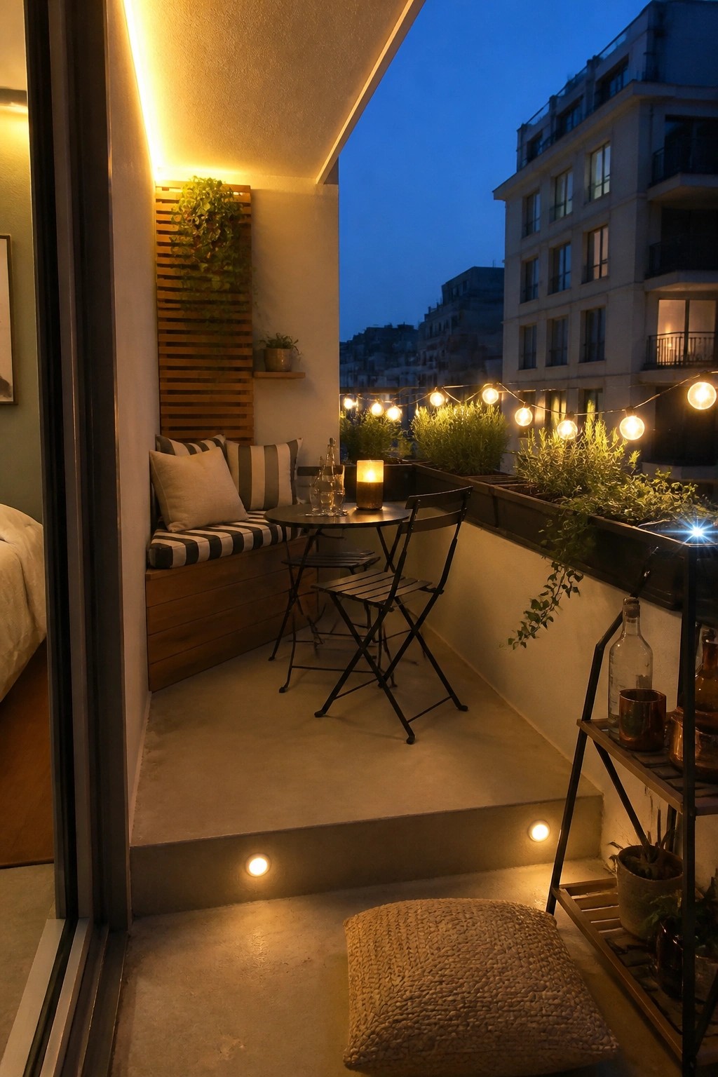 A small urban balcony at dusk showing recessed lights in the concrete steps, a built-in bench with cushions, a small table with chairs, and string lights above.
